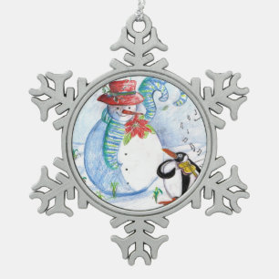 SNOWMAN AND PENGUIN'S WINTER SERENADE SNOWFLAKE PEWTER CHRISTMAS ORNAMENT