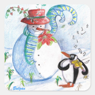 SNOWMAN AND PENGUIN'S WINTER SERENADE SQUARE STICKER