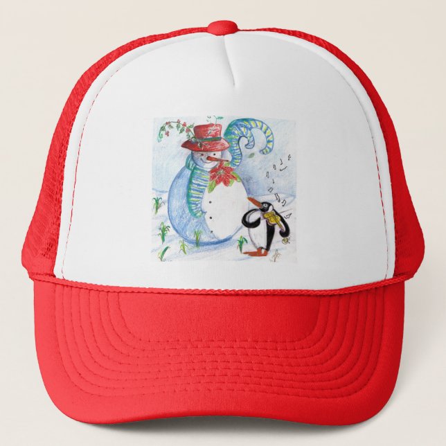 SNOWMAN AND PENGUIN'S WINTER SERENADE TRUCKER HAT (Front)