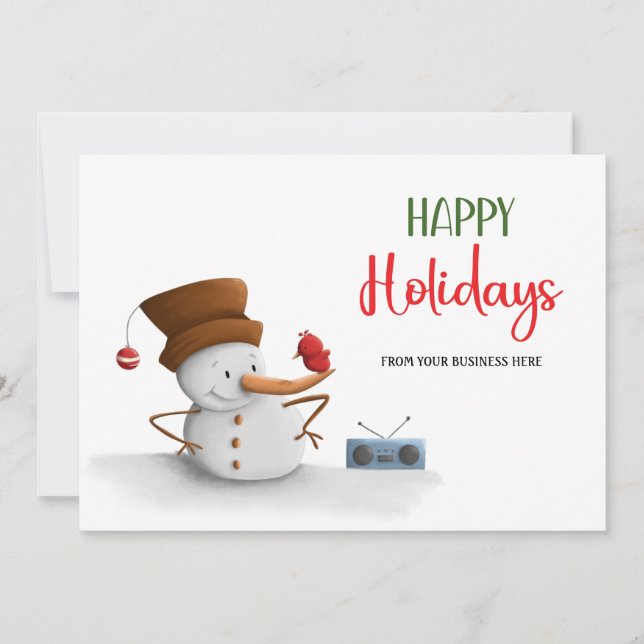 Snowman and Radio Happy Holidays Business Holiday Card (Front)