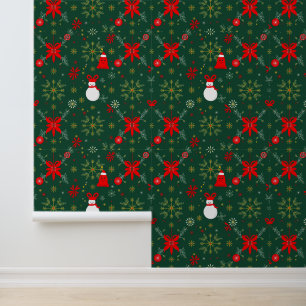 Snowman and Red Bows Christmas Pattern Wallpaper