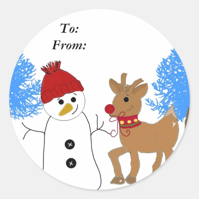 Snowman and Reindeer Classic Round Sticker (Front)