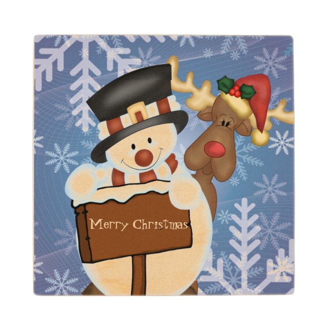 Snowman and Reindeer Merry Christmas Wood Coaster (Front)