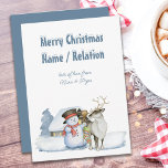 Snowman and Reindeer Snowy Text Personalised Holiday Card<br><div class="desc">personalised Christmas card with cute design and snowy typography. The design features snowman and reindeer with warmly lit cabin in the snow. All of the wording is easy to edit,  so you can make your cards completely individual.</div>