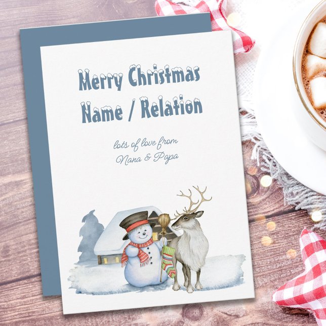 Snowman and Reindeer Snowy Text Personalised Holiday Card (Creator Uploaded)