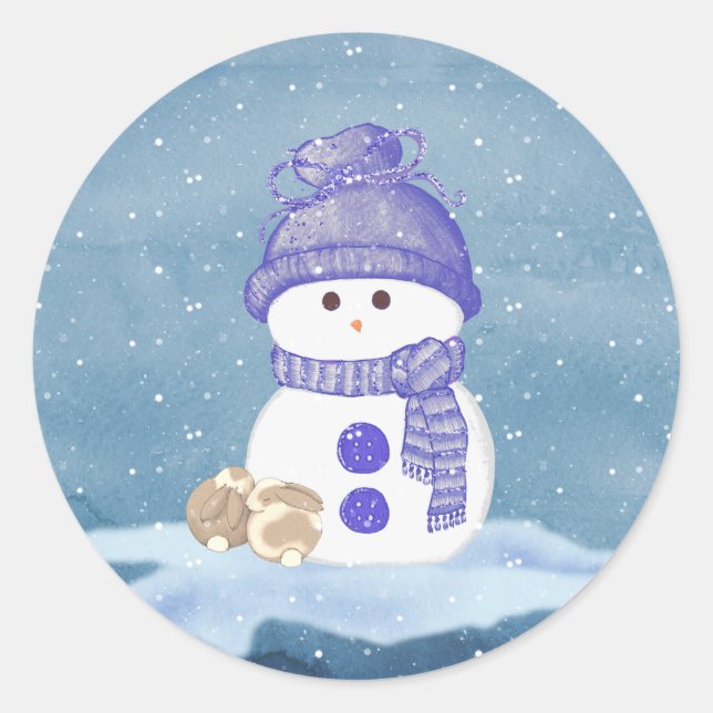 Snowman and Sleeping Bunnies Classic Round Sticker (Front)