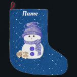 Snowman and Sleeping Bunnies Large Christmas Stocking<br><div class="desc">Two little,  brown and white bunnies snuggle up to a snowman in a blue stocking cap and scarf,  with big,  blue buttons,  as snow falls around them,  and across the background.  Totally cute stocking to hang for Christmas!</div>