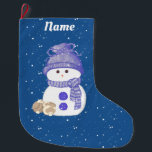 Snowman and Sleeping Bunnies Large Christmas Stocking<br><div class="desc">Two little,  brown and white bunnies snuggle up to a snowman in a blue stocking cap and scarf,  with big,  blue buttons,  as snow falls around them,  and across the background.  Totally cute stocking to hang for Christmas!</div>