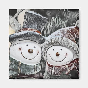 Snowman and Snow woman drawing Magnet