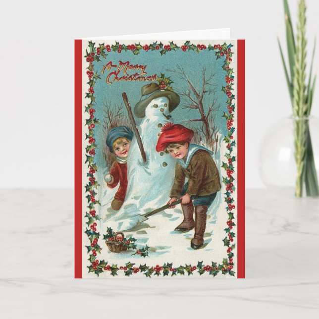 Snowman and Snowballs Vintage Christmas Card (Front)