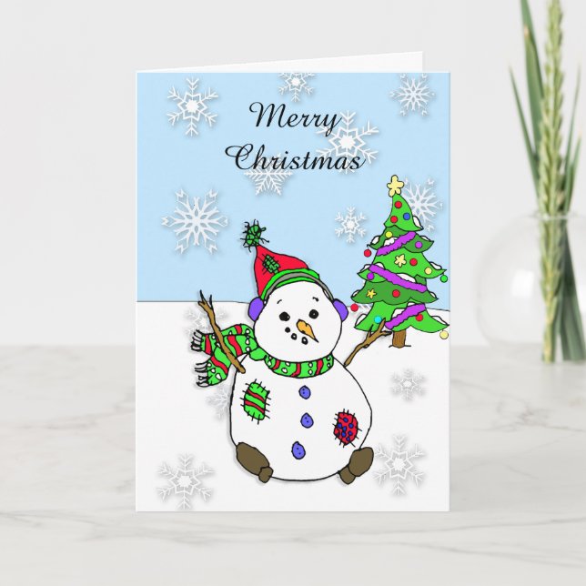 Snowman and Snowflakes Christmas Tree Card (Front)