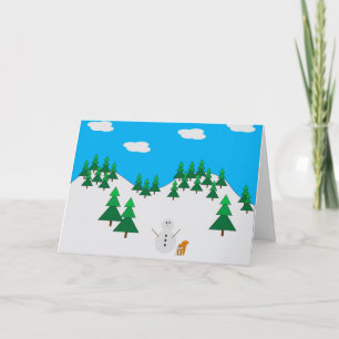 Snowman and squirrel in field holiday card