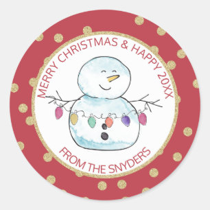 Snowman and String Lights Classic Round Sticker