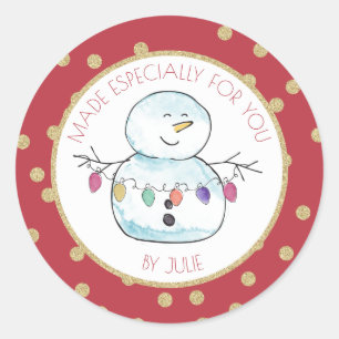 Snowman and String Lights Classic Round Sticker