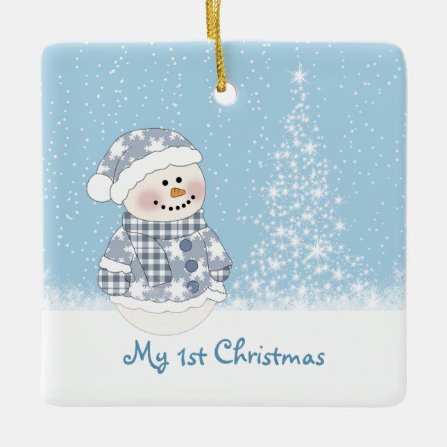 Snowman and tree Baby's 1st Christmas Ceramic Tree Decoration (Front)