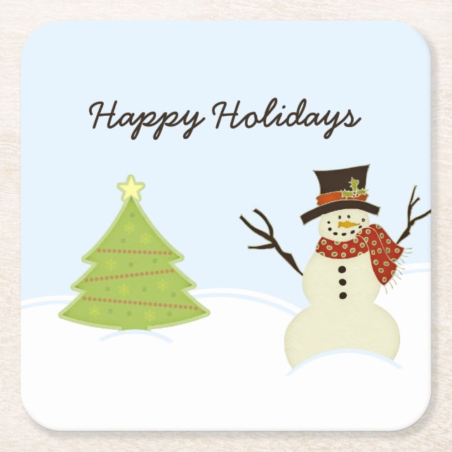 Snowman and Tree Square Paper Coaster (Front)