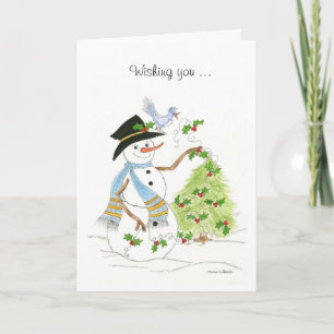 Snowman and tree with Holly Holiday Card