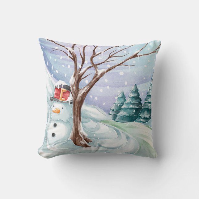 Snowman And Winter Scenery Cushion (Front)