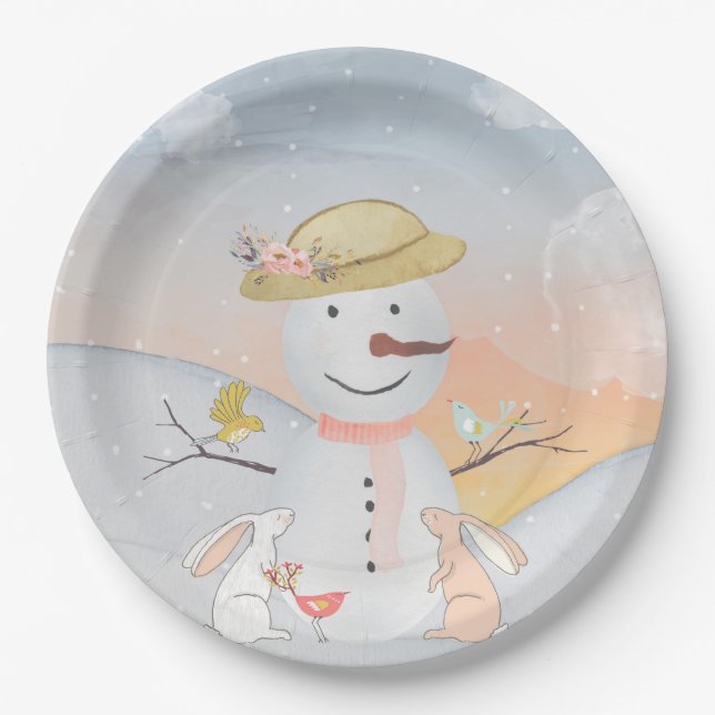 Snowman and Winter Woodland Friends Paper Plate (Front)