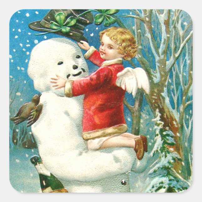 Snowman Angel Cherub Four Leaf Clover Square Sticker (Front)