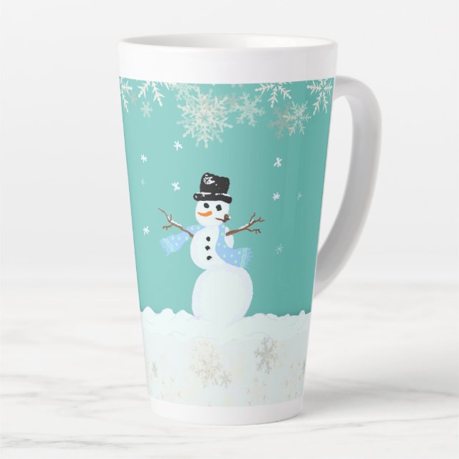 Snowman Art Christmas Merry n Happy Saying Latte Mug (Right Angle)