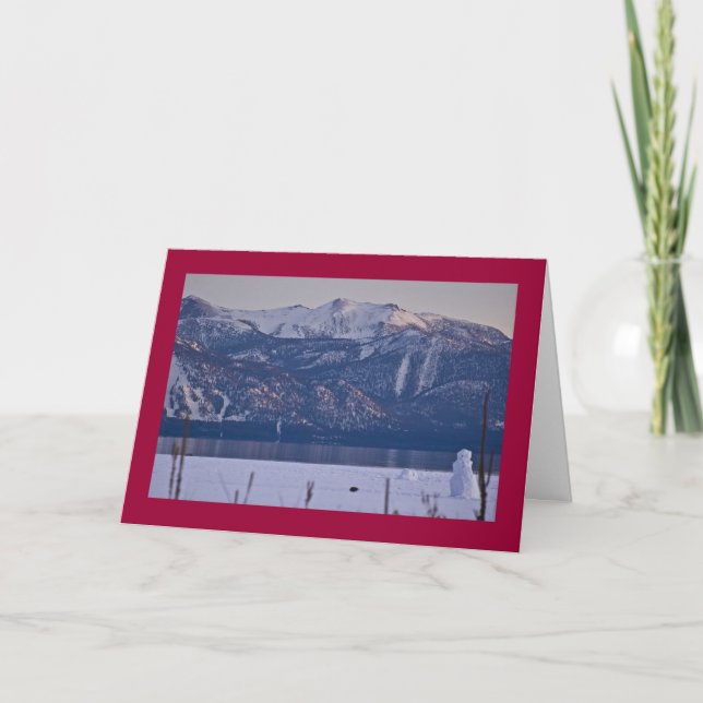 Snowman at edge of Lake Tahoe Holiday Card (Front)