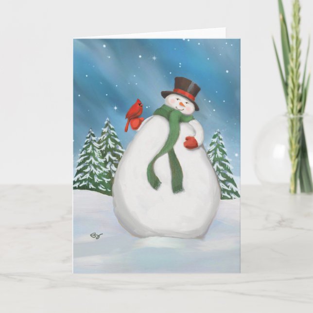 Snowman At Night Holiday Greeting Card (Front)