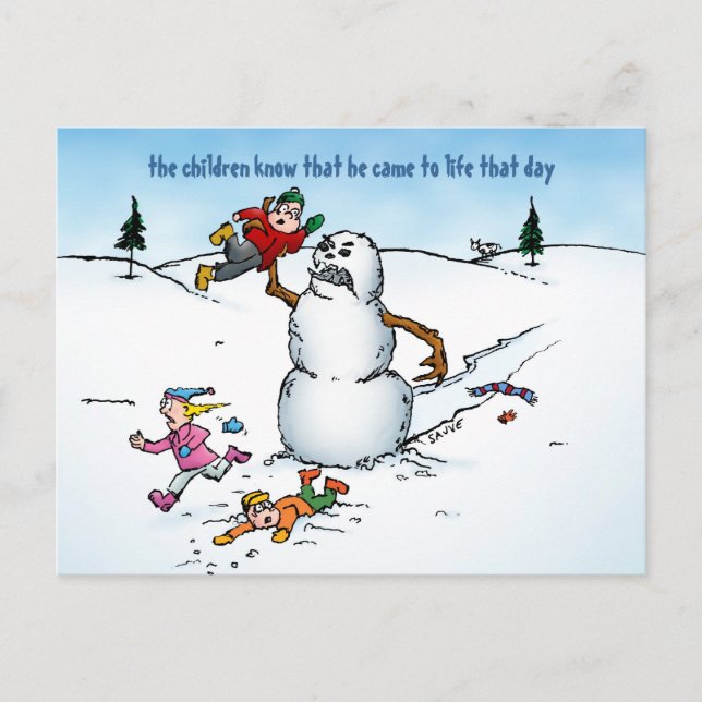 Snowman Attacks the Kids Funny Holiday Postcard (Front)