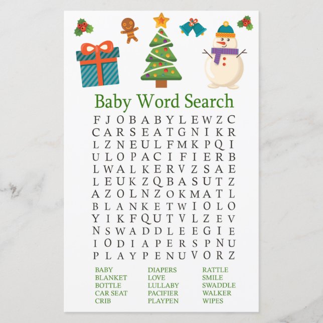 Snowman Baby Shower Word Search Game (Front)