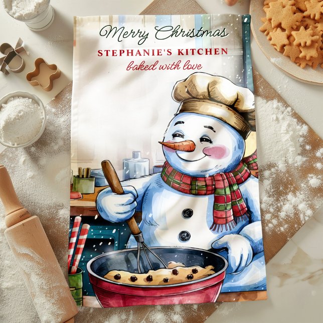 Snowman Baking Christmas Cookies Personalised Tea Towel (Creator Uploaded)