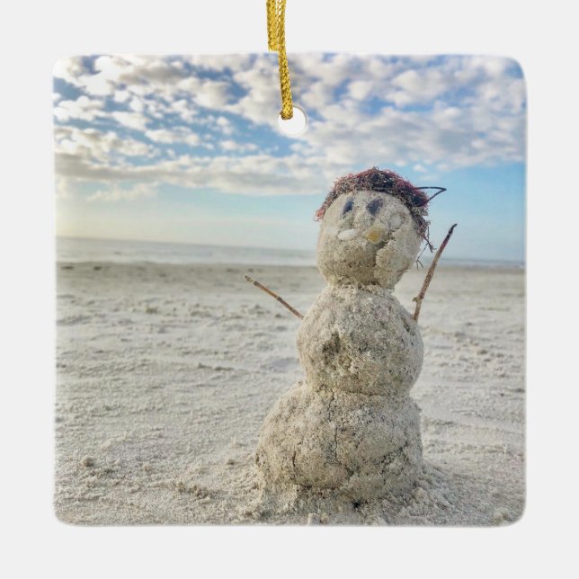 Snowman Beach Florida Vacation Holiday Christmas Ceramic Ornament (Front)