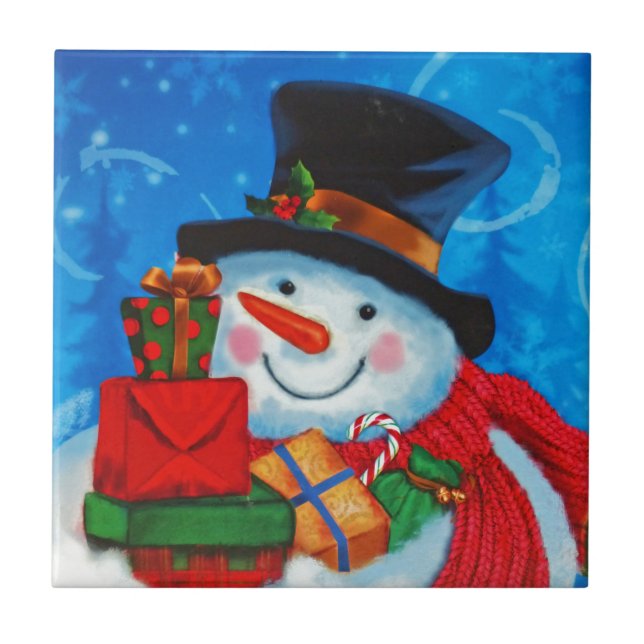 Snowman bearing Gifts Ceramic Tile (Front)