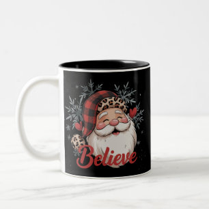 Snowman Believe Santa Red Plaid Hat Christmas Two-Tone Coffee Mug