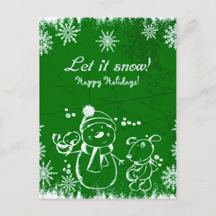 Snowman, Bird And Dog Over Green Background Postcard