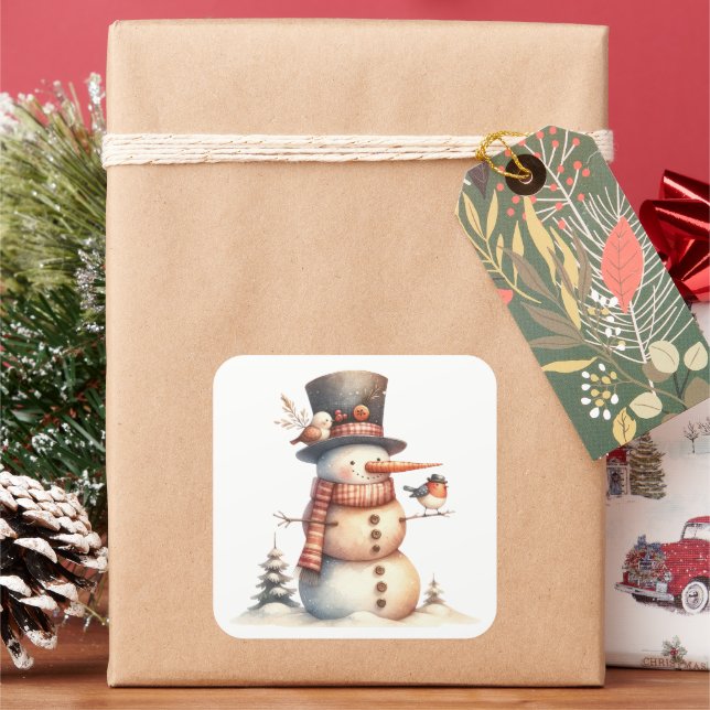 Snowman & Birds Square Sticker (Holiday)