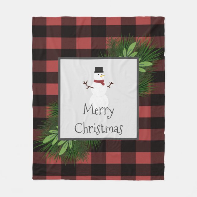 Snowman Black and Red Buffalo Plaid Fleece Blanket (Front)