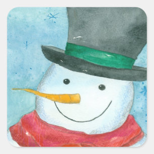 Snowman Black Top Hat Christmas Holiday Watercolor Square Sticker