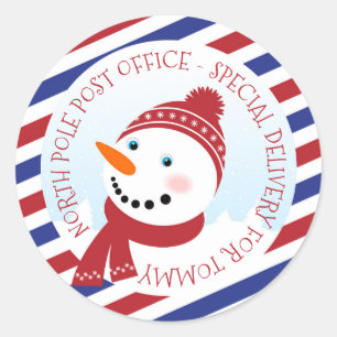 Snowman blue and red  Classic Round Sticker