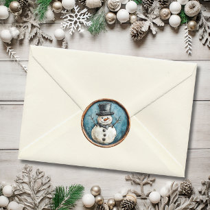 Snowman Blue Christmas Faux Wax Classic Round Sticker