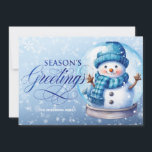 Snowman Blue Season's Greetings Christmas Holiday Card<br><div class="desc">"Season's Greetings" customisable horizontally-formatted Christmas greeting card with a cute snowman inside a snow globe on a soft blue background. Personalise with your family name. Contact me for assistance with your customisations or to request additional matching or coordinating Zazzle products.</div>