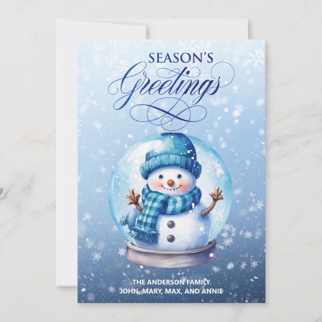 Snowman Blue White Season's Greetings Christmas Holiday Card (Front)
