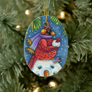 SNOWMAN BODYGUARD, CHRISTMAS CARDINAL REDBIRD CERAMIC ORNAMENT
