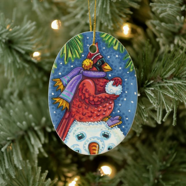 SNOWMAN BODYGUARD, CHRISTMAS CARDINAL REDBIRD CERAMIC ORNAMENT (Tree)