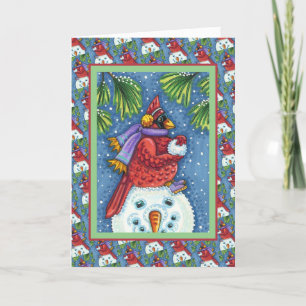 SNOWMAN BODYGUARD, CHRISTMAS CARDINAL REDBIRD HOLIDAY CARD