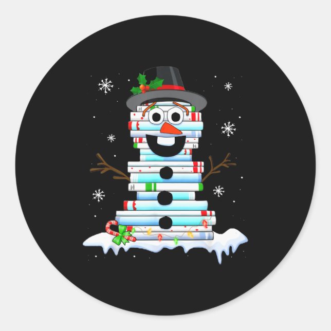 Snowman Book Stack Librarian Book Lover Christmas  Classic Round Sticker (Front)