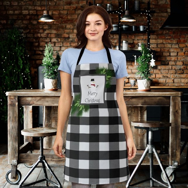 Snowman Buffalo Plaid Christmas | Black Apron (Snowman Buffalo Plaid Christmas Apron)