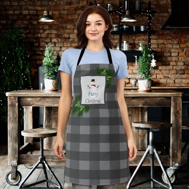 Snowman Buffalo Plaid Christmas | Grey Apron (Gray Snowman Buffalo Plaid Christmas Apron)