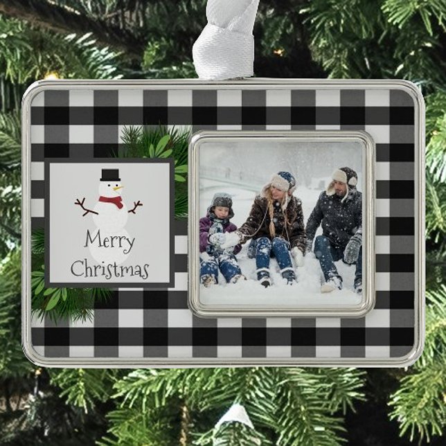 Snowman Buffalo Plaid Framed | Black and White Silver Plated Framed Ornament (Snowman Buffalo Plaid Framed Ornament)