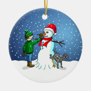 Snowman Building Ceramic Ornament