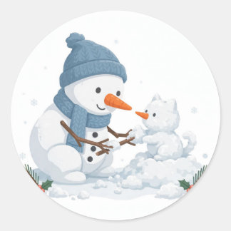 Snowman Building Tiny Snow Cat Friend Classic Round Sticker